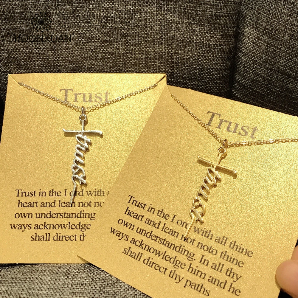 

Gold Plated Letter Trust Cross Alloy Pendant Necklace for Ladies Christmas Gift with Blessing Card Packaging Power Daily Jewelry