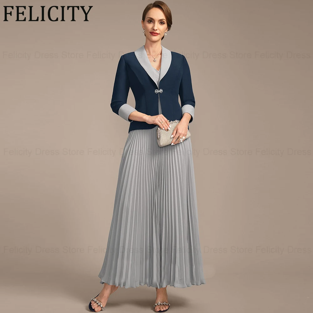 FELICITY-Robes de soirée plissées pour la mère de la mariée, robes d'Bélées de mariage, col en V A-ligne, longueur au rinçage, 2 pièces élégantes, 2024