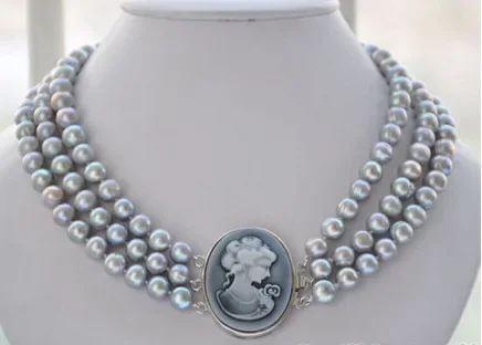 

3row GRAY ROUND FRESHWATER 8-9MM PEARL NECKLACE