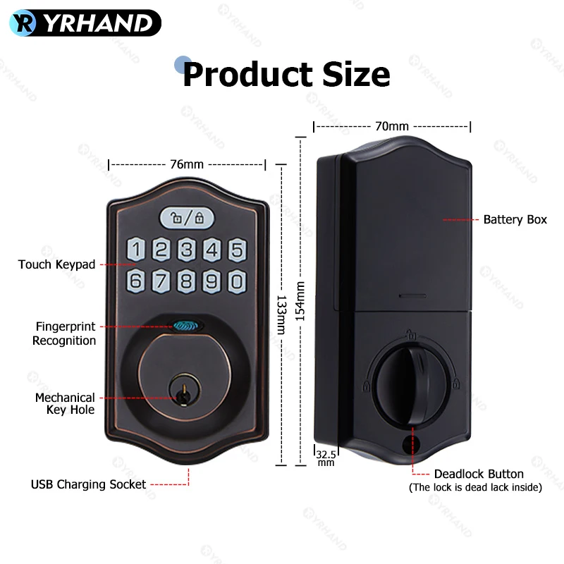 Easy Installation Biometric Fingerprint Lock Keyless Entry Door Lock Electronic Keypad Deadbolt with Keys Anti Peek Password