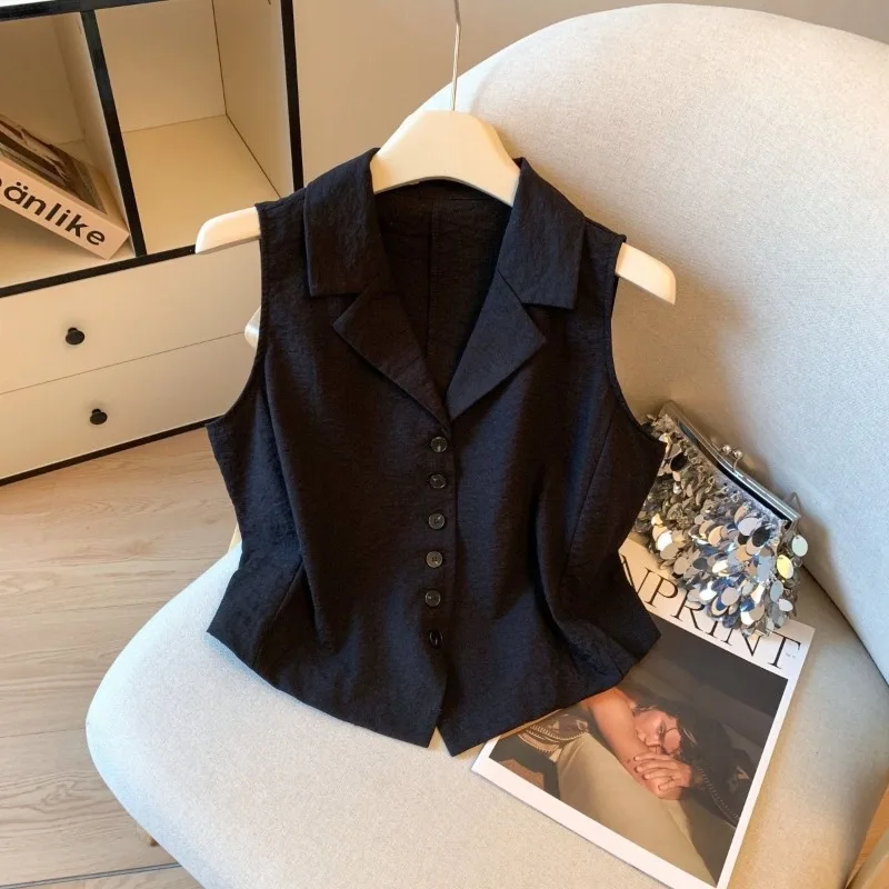 Summer Simple High End Turn Down Collar Sleeveless Vest All Match Constrast Color Single Breasted Camis Office Lady Lace Up Top