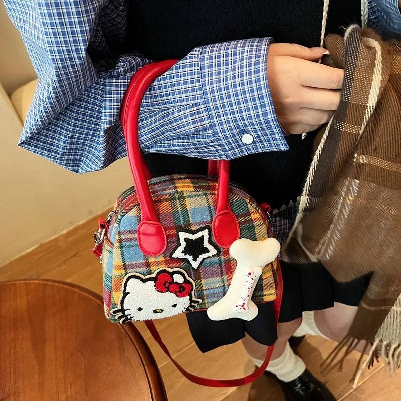 Sanrio Hello Kitty New Plaid Women's Cute Fashion Handbag Urban Simple Mini Casual One Shoulder Oblique Cross Change Bag