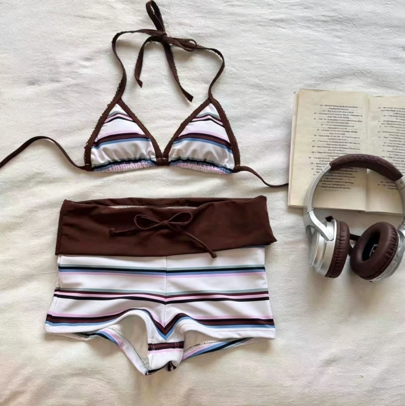 

Sweet Korean Kawaii Bikini Set Ladies Halter Neck Ruffle Patchwork Two Piece Swimwear Summer Seaside Bathing Outfit