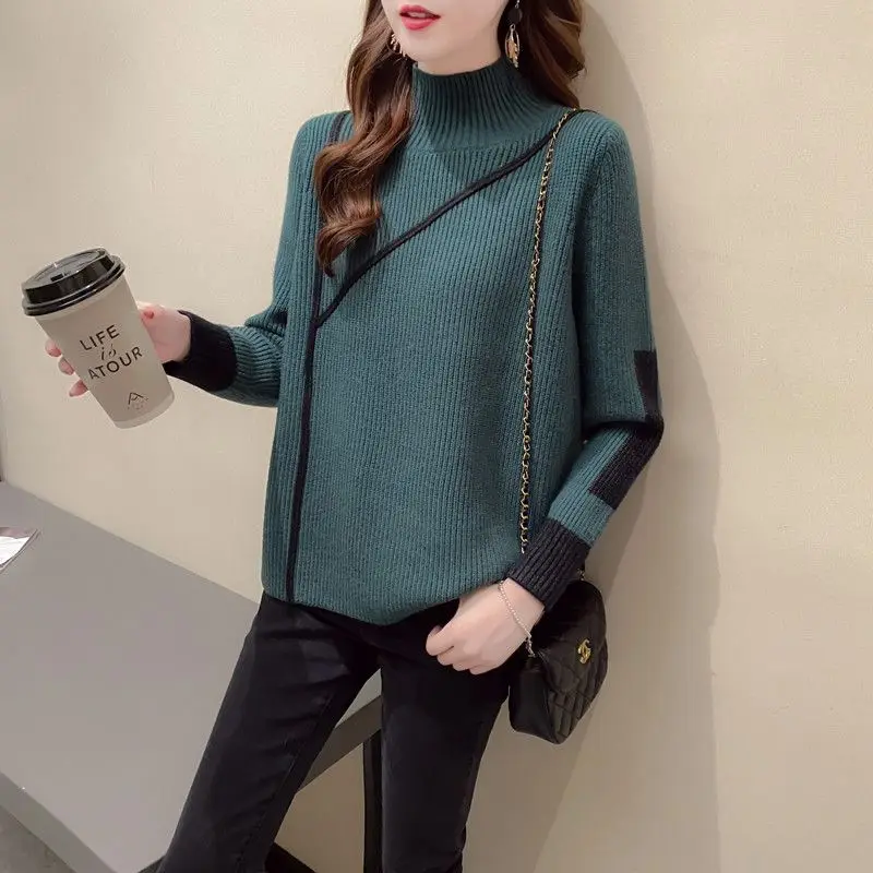 Women's Half High Neck Striped Fashion Sweater Autumn and Winter Loose Pullover Patchwork Long Sleeve Casual Knit Bottom Tops