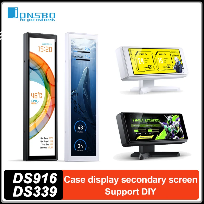 JONSBO DS339 DS916 PC Case Secondary Screen IPS LCD GPU Backplate Chassis Fan Mount Temp Display USB for Gaming Desktop