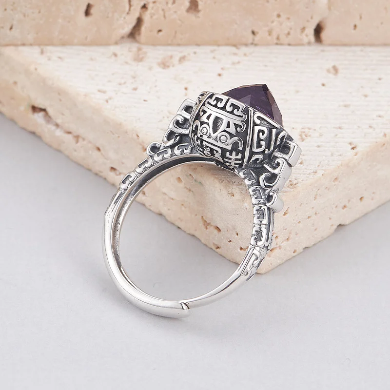 S925 Sterling Silver Charms Rings for Women Retro Eternal Rattan Pattern Inlaid Tangent Plane Amethyst Fashion Jewelry Wholesale