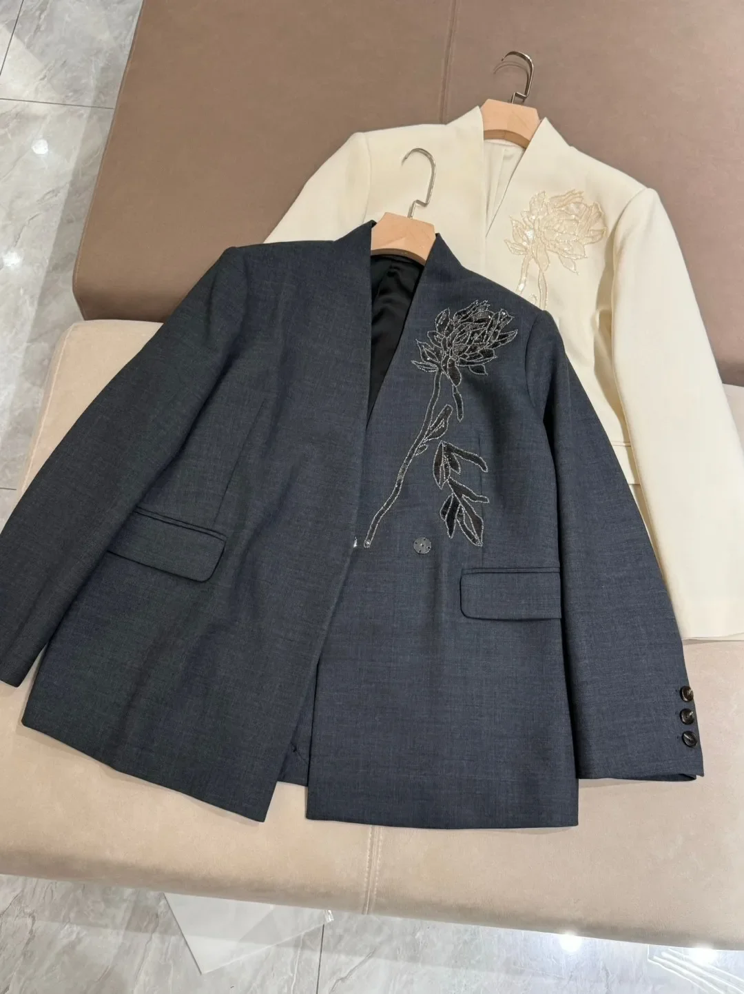 Women's Set 2024 New Autumn Spring Wool Blend Embroidery Commuter Suit Coat or High Waist Long Pants