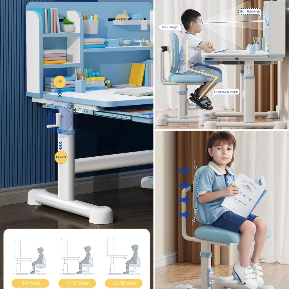 Ensemble de bureau et chaise réglables pour enfants, table d\'étude ergonomique pour enfants, bureau inclinable, poste de travail à proximité,