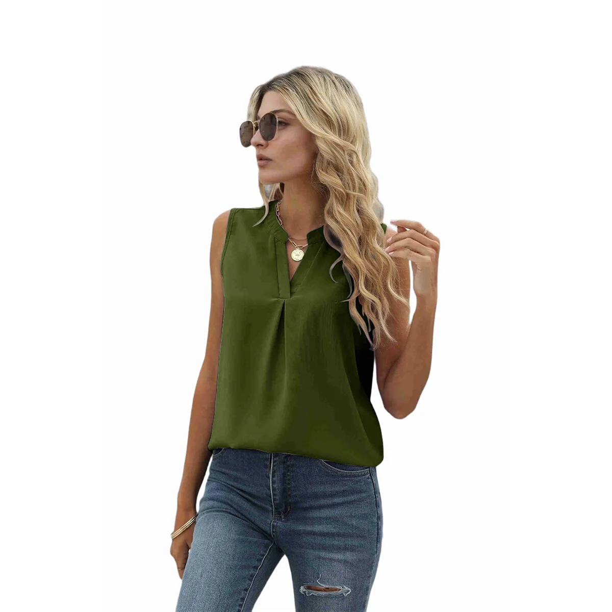 

Women'S Summer Tank Blouse Casual V Neck Sleeveless Tunic Top Shirt Green S
