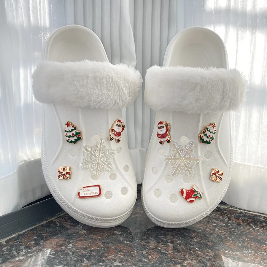10pcs Christmas Vibe Snowflake Cute Decoration Charms And Fuzz Furry Heel Strap Suitable For Crocs Clogs Gift