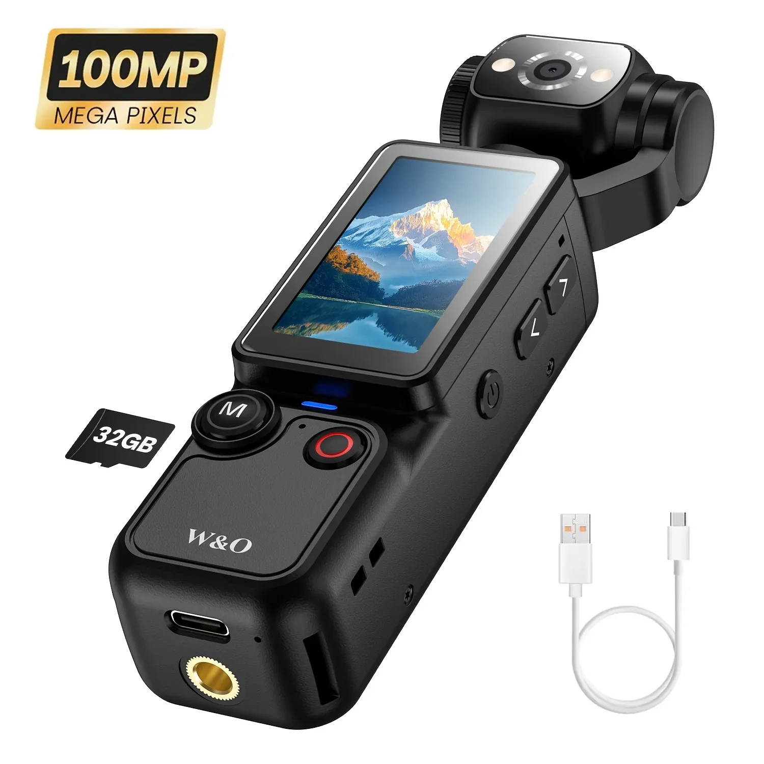 Videocamera Tascabile 4K HD - 180 ° Rotante - Pixel da 100 W, Batteria da 2000 mAh, Schermo da 1,9 pollici, Webcam, Ricarica USB-C, Scheda di memori