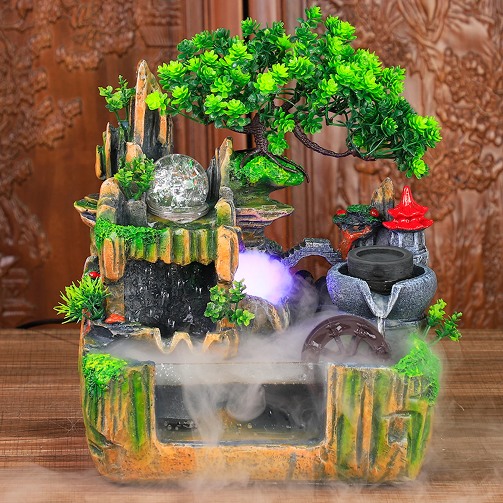 Tischbrunnen, Steingarten-Ornament, Mini-Zen-Wasserbrunnen mit Nebelmacher, LED-Licht, 7,09 x 11,81 x 12,99 Zoll, für Heim- und Schreibtischdekoration
