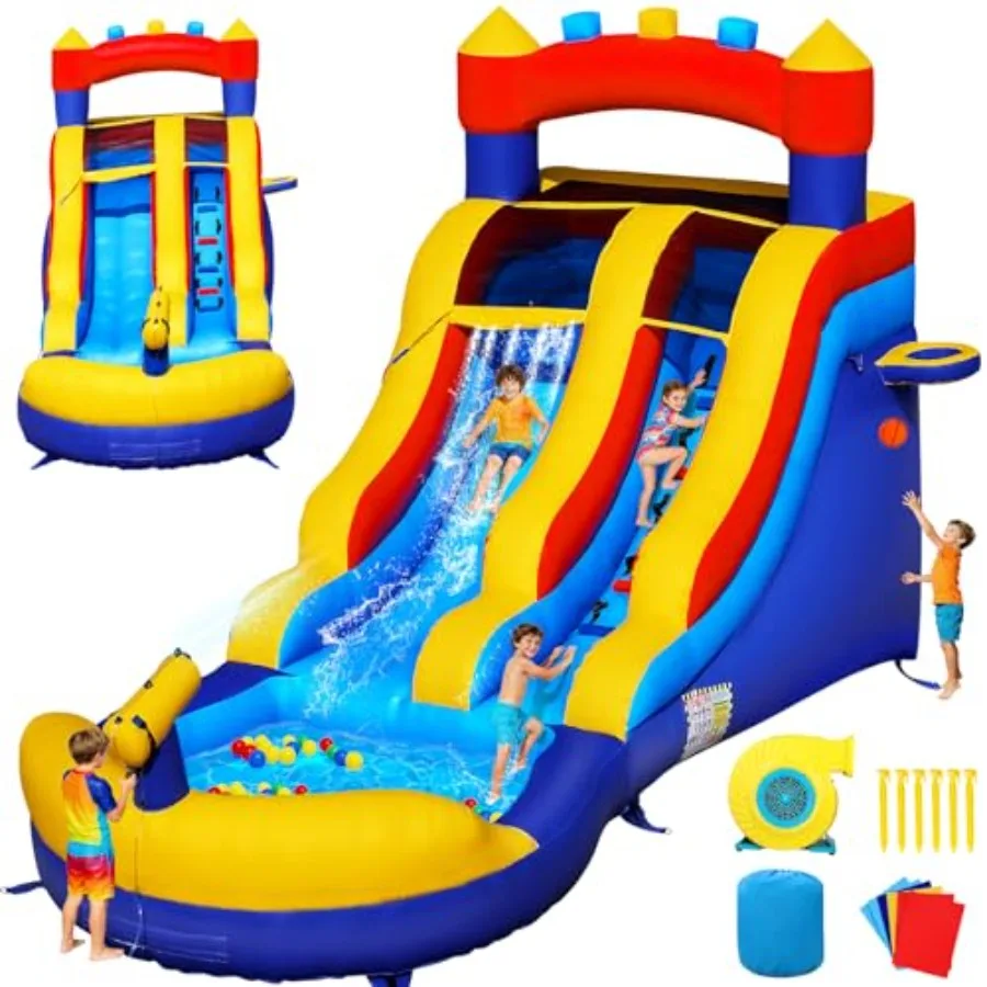 

Large Inflatable Water Slide 21 9.8FT Thickened PVC 8ft High Water Slide for with 750W Blower and Built-in Water Pipe Quick Inf