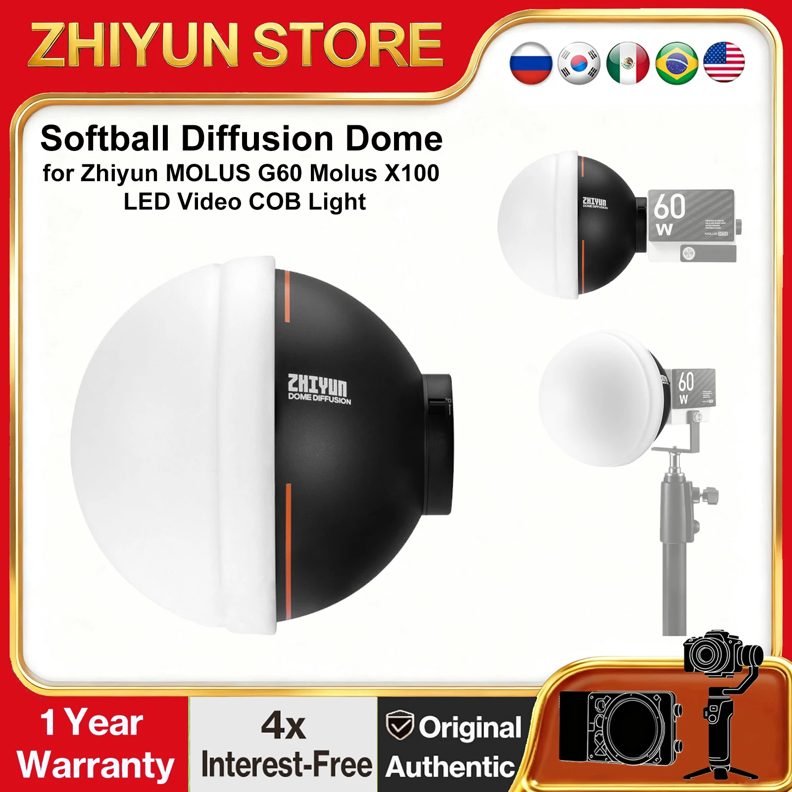 

ZHIYUN Softball Diffusion Dome for ZHIYUN MOLUS G60 ZHIYUN Molus X100 LED Video Light to Studio Photography Youtube Vlogging