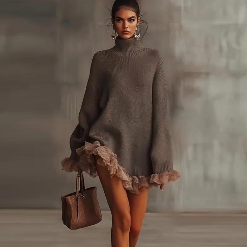 Damenpullover mit hohem Kragen, übergroßes gestricktes Minikleid, Kontrastfarben, plissierte Kanten, transparenter Saum, lockerer Pullover