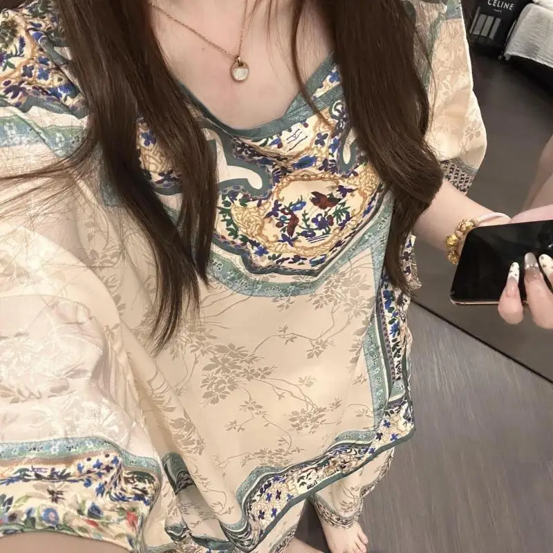 Women Chinese Style Ice Silk Pajama Set Short Sleeve Long Pants Sleepwear Vintage Printed Loungewear 2Pcs Homewear Set Nightwear