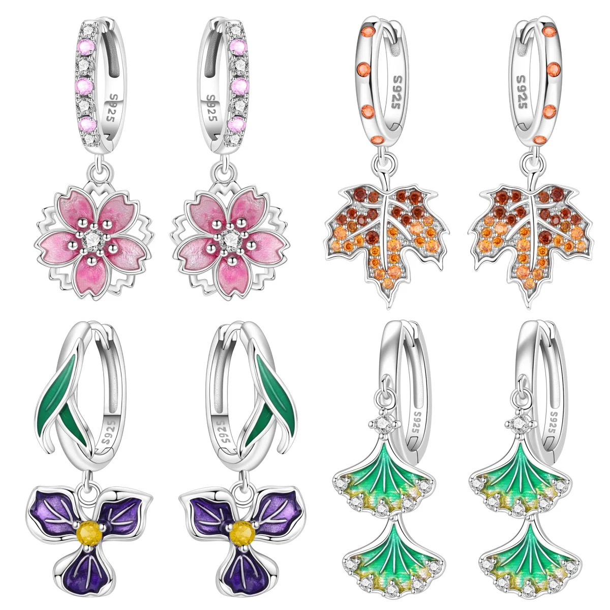 Orstarry S925 Sterling Silber Ohrringe Ginkgoblatt Ahornblatt Iris Kirschblüten-Ohrringe für Frauen Geburtstagsgeschenk Trendschmuck