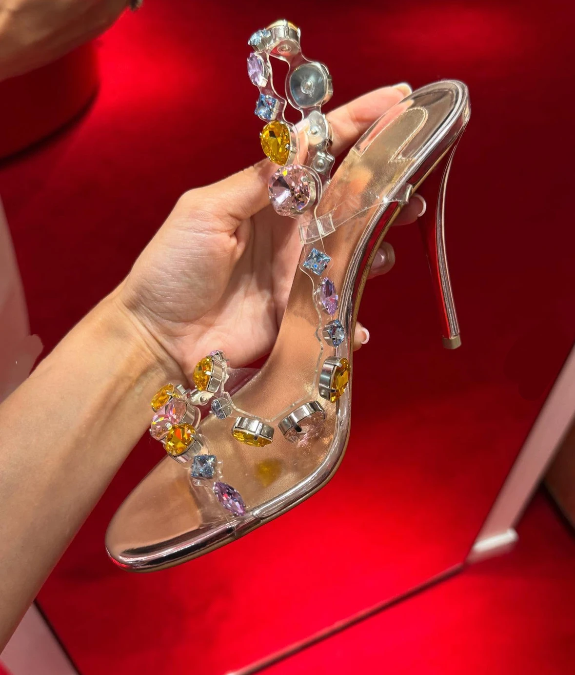 

2026 Summer New Women's Multicolor Gemstone Strappy High-Heeled Sandals Rhinestone Transparent PVC Open-Toe Party Modern Sandals
