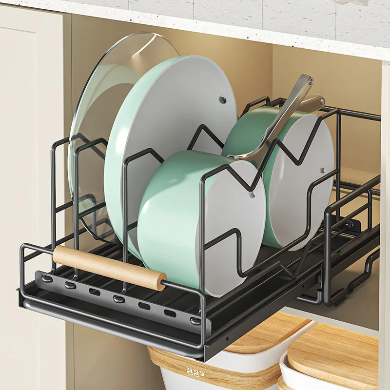 

Kitchen Cabinet Organizers Pot Storage Rack Pull Out Pots and Pans Organizer Adjustadable Cutting Board Drying Cookware Shelf