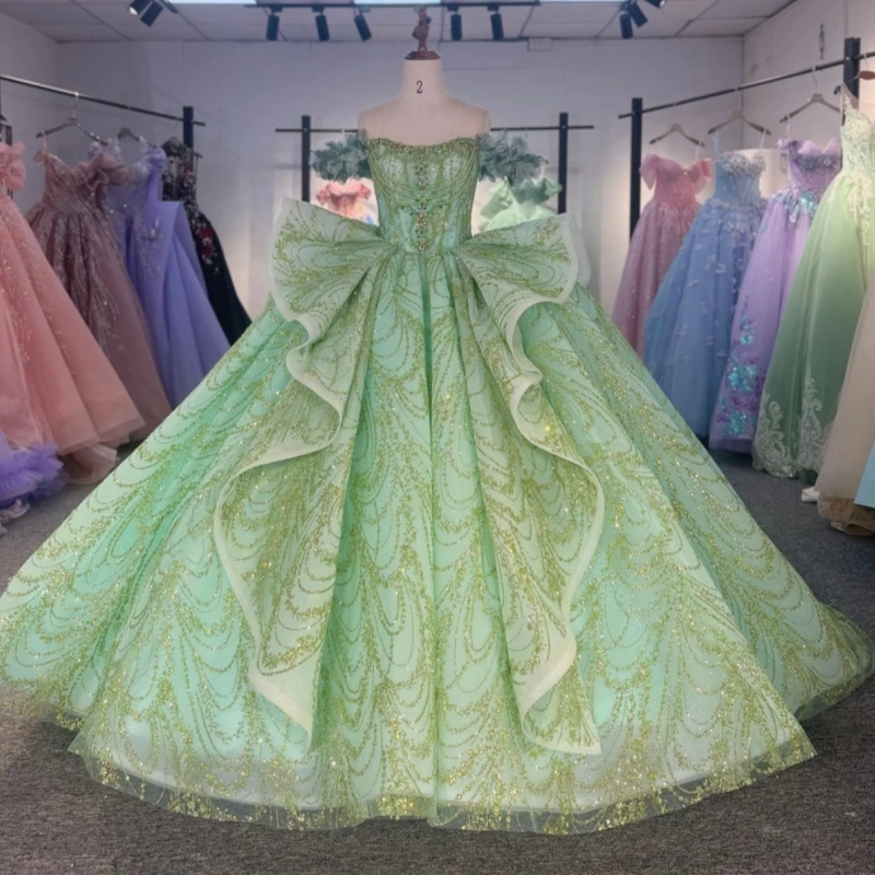 

Блестящие платья Quinceanera цвета шалфея с открытыми плечами и блестками, аппликация, кружево, бисер, тюль, корсет с кристаллами, вечерние, день рождения, сладкий 16