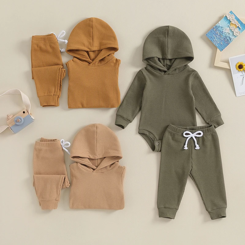 

2023-10-05 Lioraitiin 0-24M Infant Baby Clothing Sets Solid Waffle Long Sleeve Hooded Bodysuit+Long Pants Toddler Casual Clothes