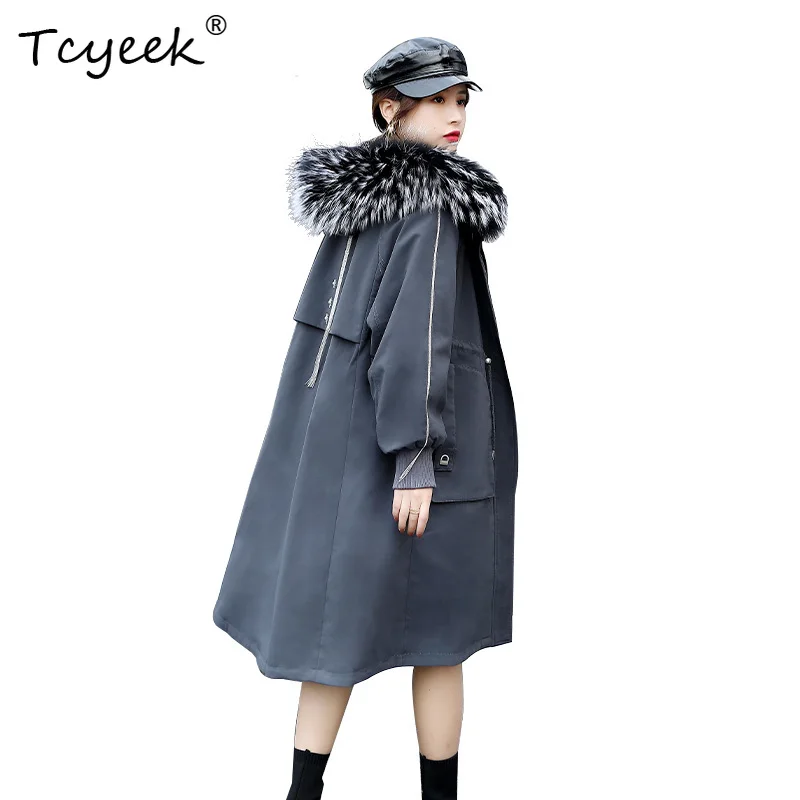 

Tcyeek Autumn Winter Korean Version of Raccoon Fur Detachable Rabbit Fur Hood Integrated Medium Length Women's Raccoon Fur Parka