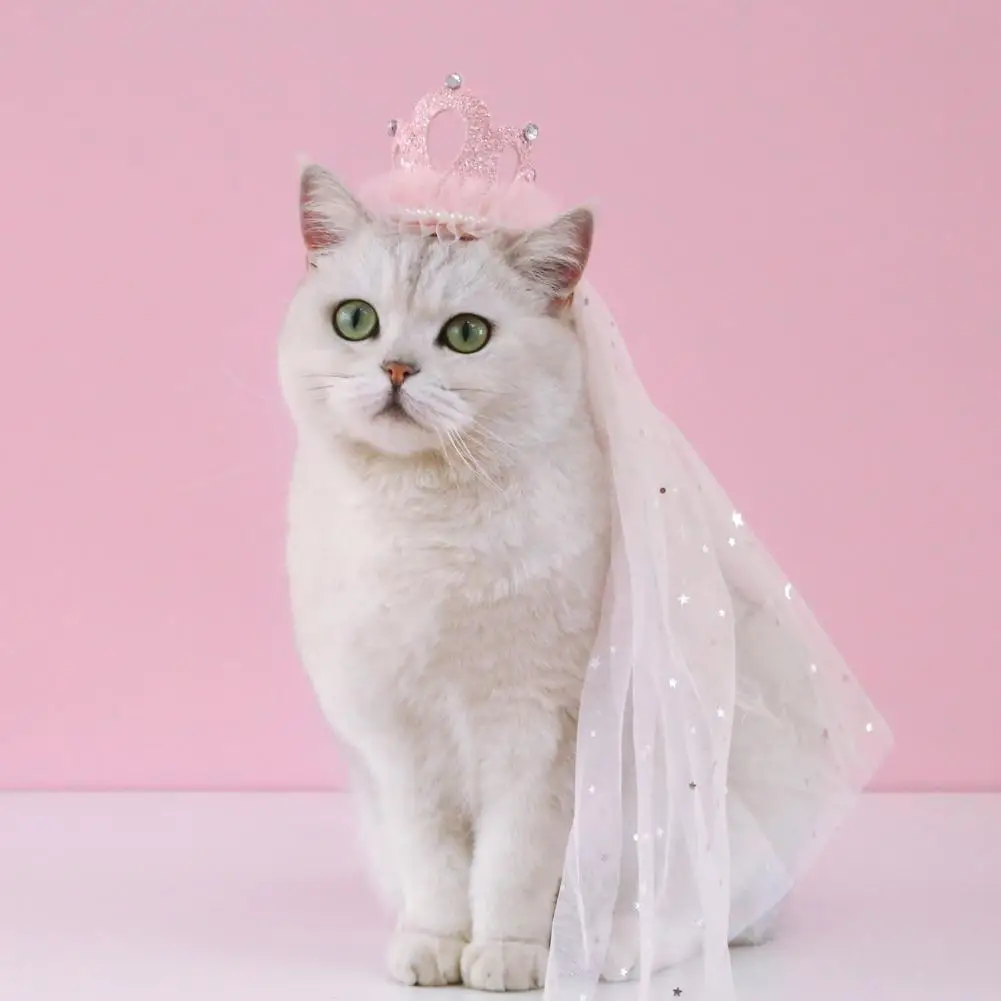 Dog Wedding Veil Mesh Sequins Fake Pearl Cat Crown Headdress Veil Cute Head Decoration Handmade Pet Grooming Accessories