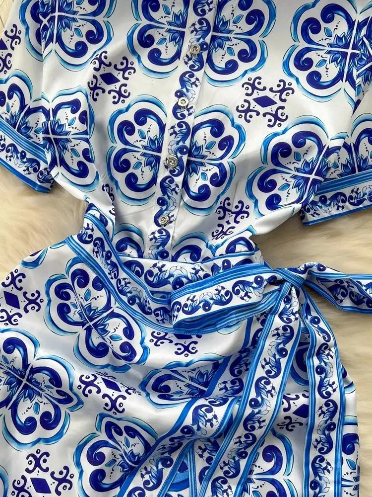 JAEMRARY Summer Holiday Print Dress Women Blue White Porcelain Floral Robe Short Sleeve Bandage Lace Up Wrap Midi Vestidos Cloth