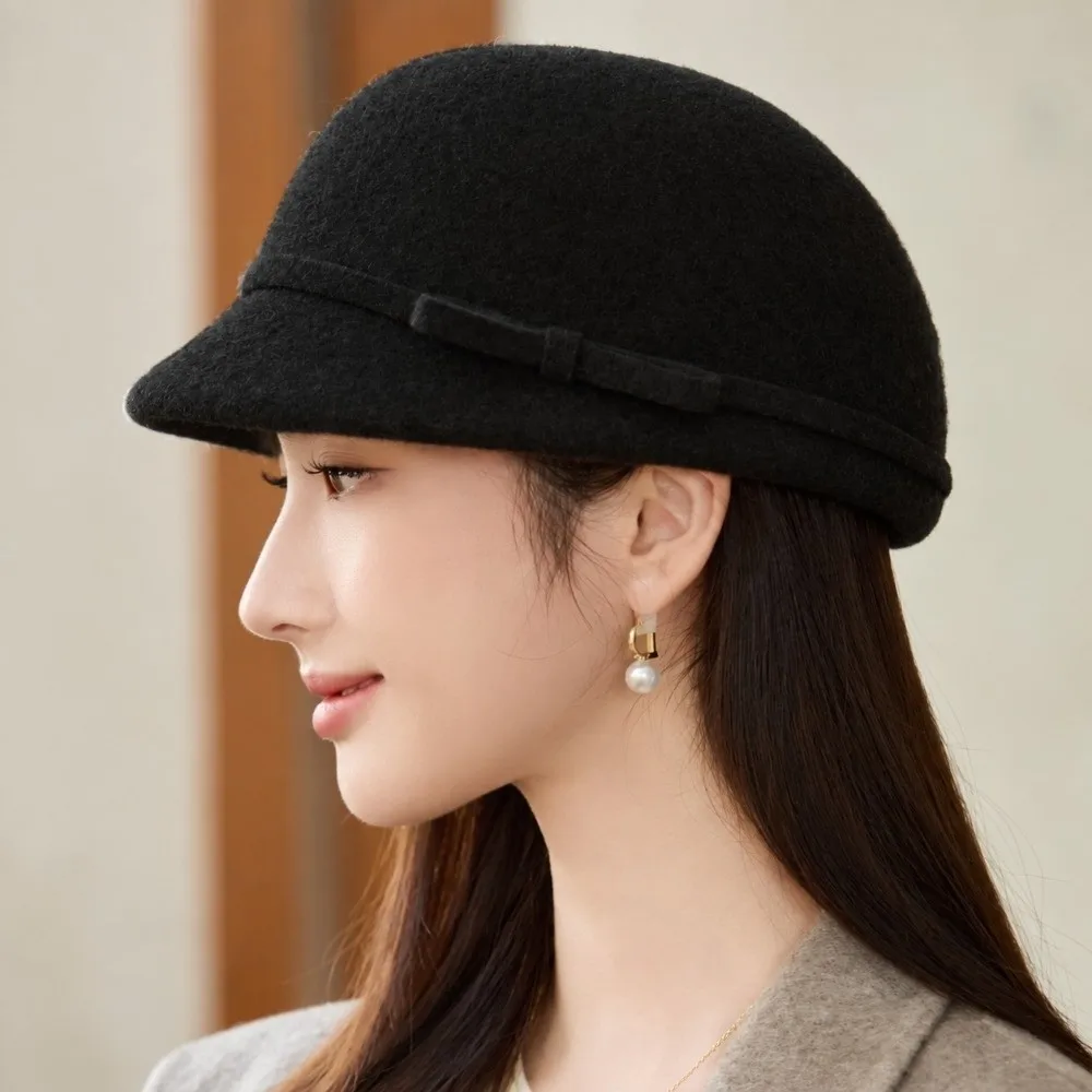 Retro Woolen Fabric Wool Blended Hat Bow Decoration Black Newsboy Hat French Duckbill Brim Painter Beret Daily Wear