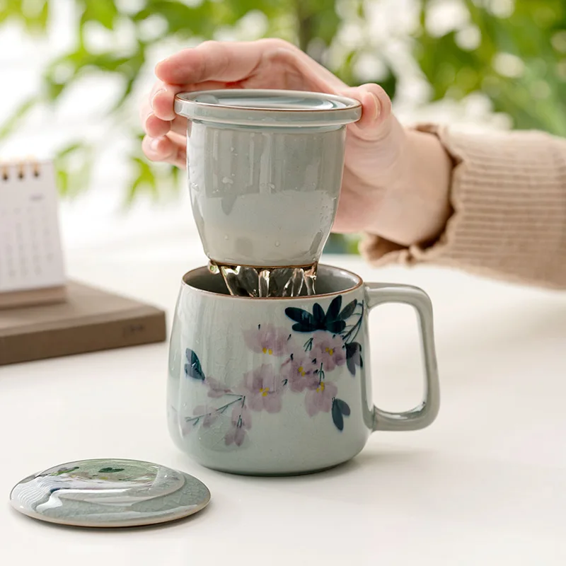 

Чашки для фильтрации и разделирования чая в китайском стиле с крышкой, персональная кружка с рисунком трещины льда, домашняя посуда для напитков, керамическая офисная чашка, 1 шт.