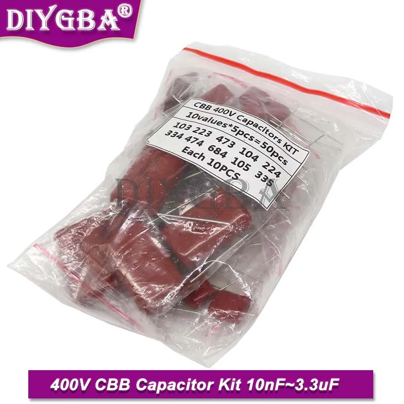 KIT 50PCS=10value*5PCS Metallized Polyester Film Capacitors CBB Assortment Kit IBUW 400V 10nF ~ 3.3UF