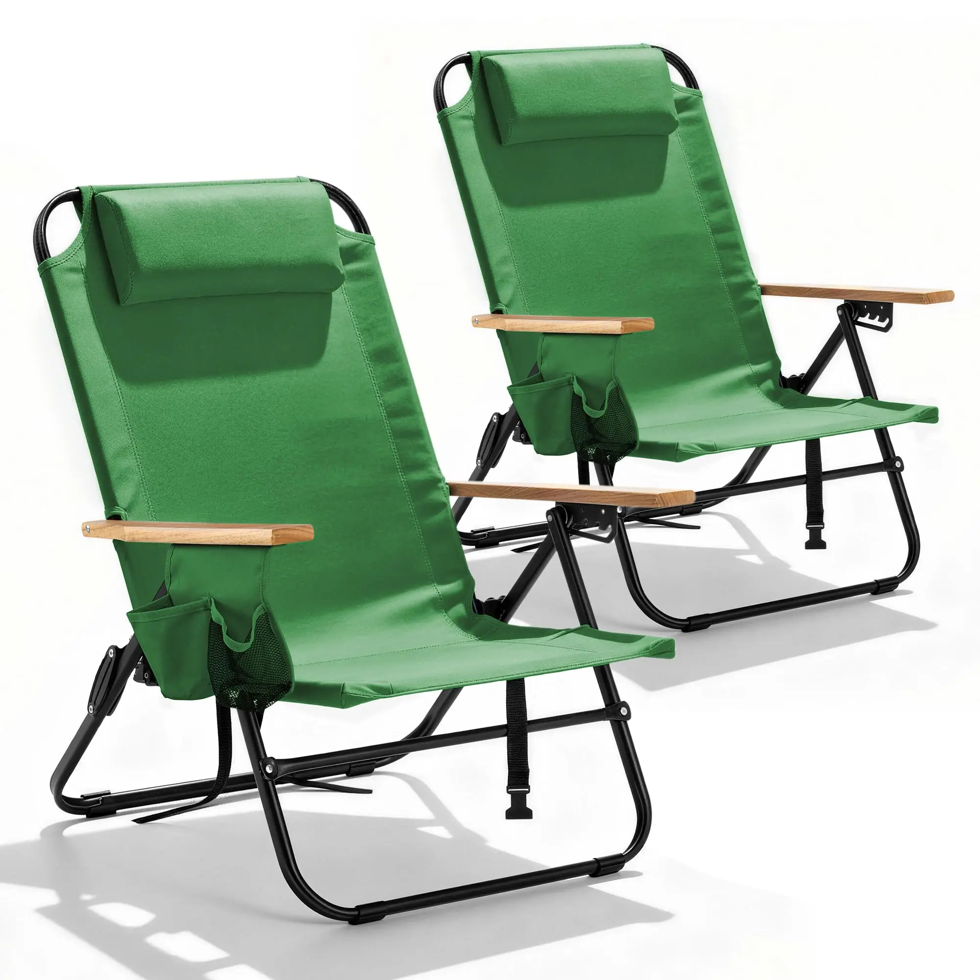 2 Pack Premium 5-Position Reclining Camping Chair - Portable Folding Lightweight Outdoor Chair with Wooden Armrests