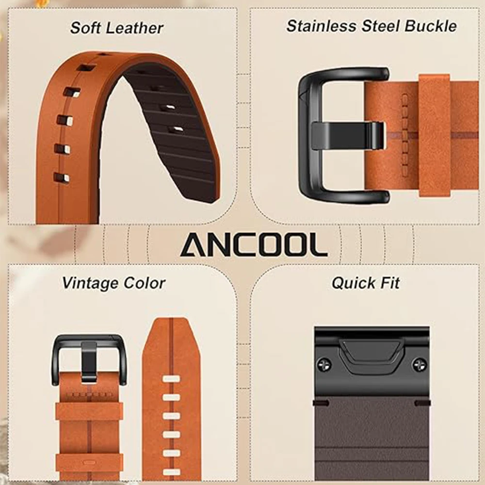 22 26mm Leather Quick Fit Watch Band For Garmin Fenix 8 7 7X 6 6X Pro 5 5X Plus Strap Quatix 8 Epix Pro/Enduro 3 2 Bracelet Belt