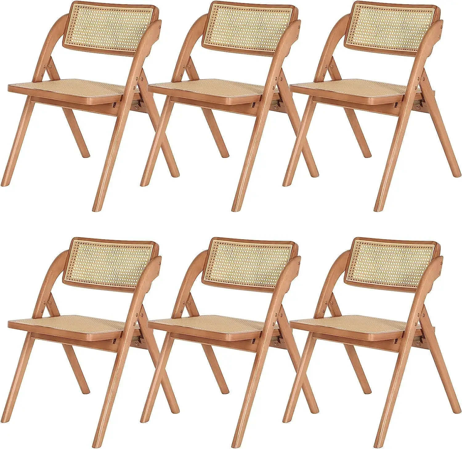 Folding Dining Chairs Set Of 6, Foldable Wood Kitchen Chairs 100% Real Rattan Woven Seat And Back,Handmade For Living Room