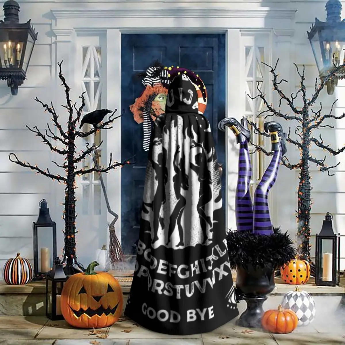 Adult Vampire Cape Hooded Robe Board With Witches Dancing Halloween Cloak Full Length Cosplay