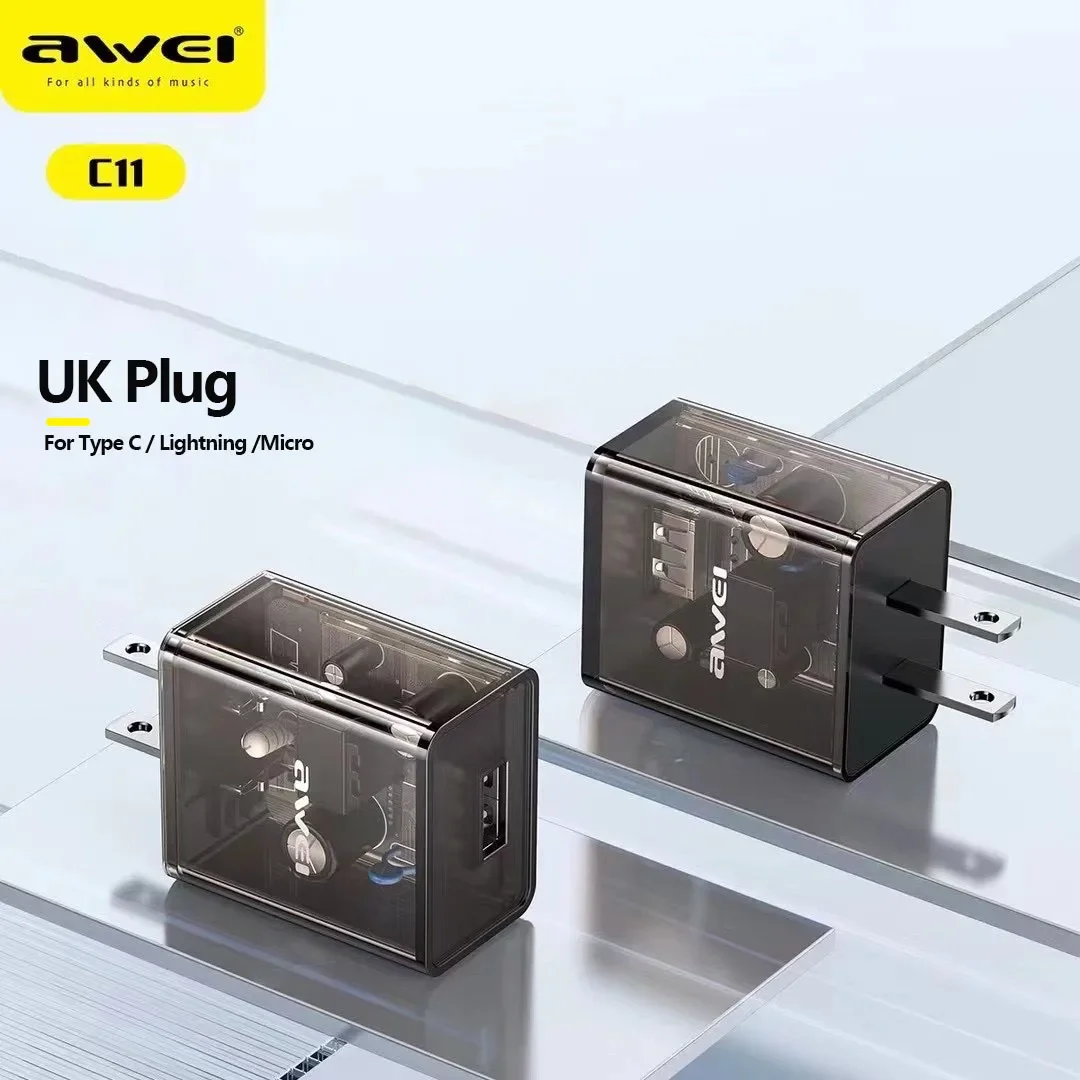 Awei US/UK Plug Mini Travel Charge Adapter With 1M Charging Cable for iOS and Android Mobile Phone Fast Charging Charger 2023NEW