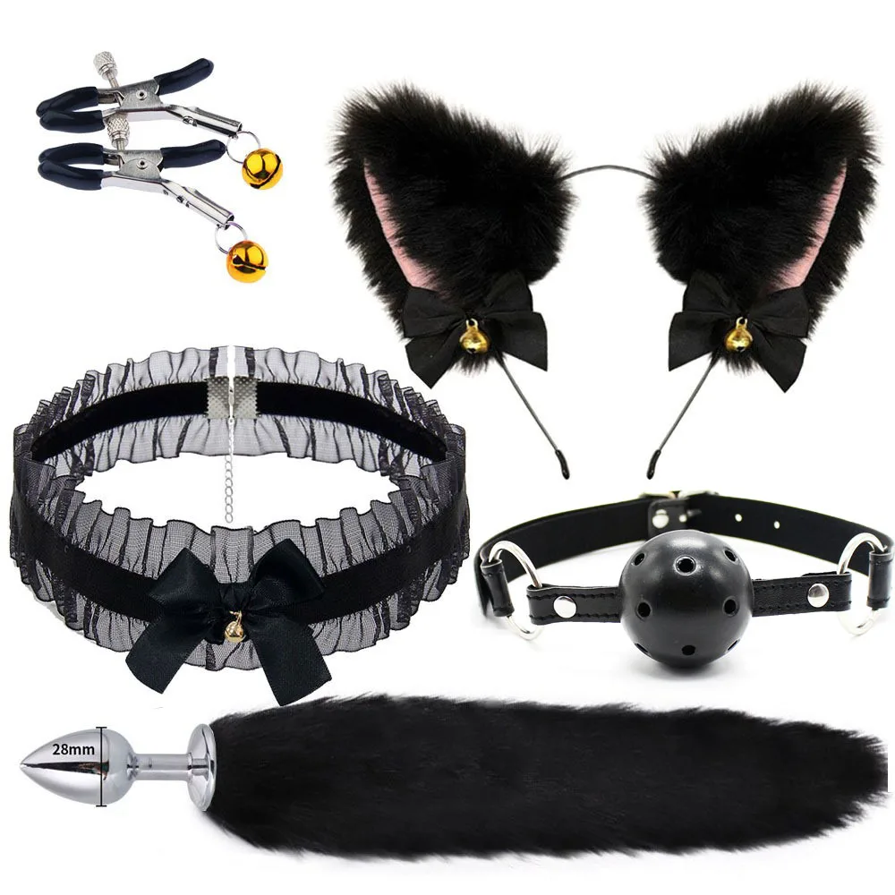 

Female Cute Fox Tail Anal Plug Set Soft Cat Ears Headbands Collar Nipple Clip Kit Erotic Cosplay BDSM Male Sex Toys for Couples