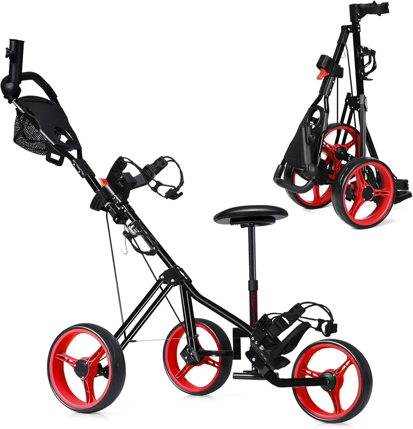 Golf Push Pull Cart with Seat, Lightweight Foldable Collapsible 3 Wheels Golf Push Cart, Golf Trolley with Foot Brake,