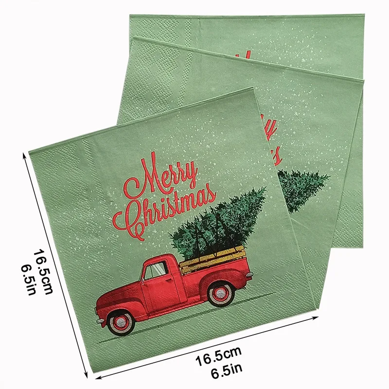 Guardanapos impressos verdes, 2-Ply, verde, caminhão vermelho, coleção de Natal, placas de papel descartáveis, borboleta, barril, festa, 33cm, 20 unidades por pacote