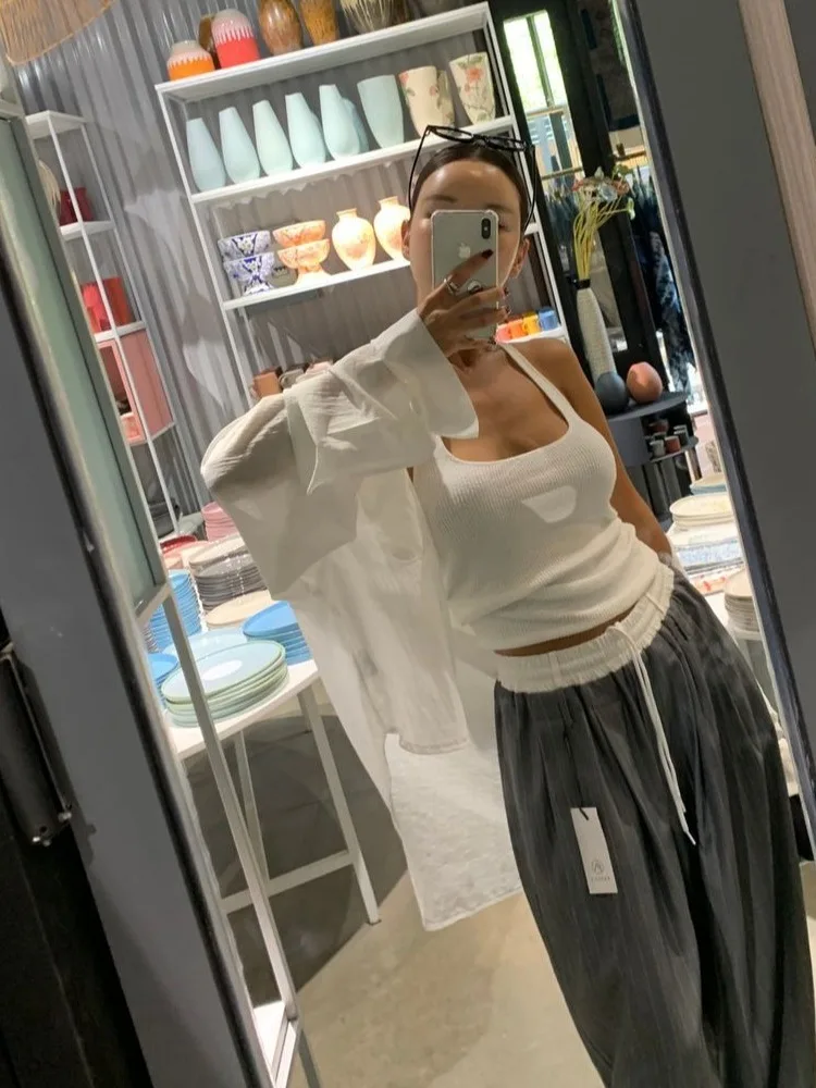 Fashionable Korean Style Wide Leg Pants Striped Drawstring Suit Trousers Women Casual Loose Comfortable Design Sensation