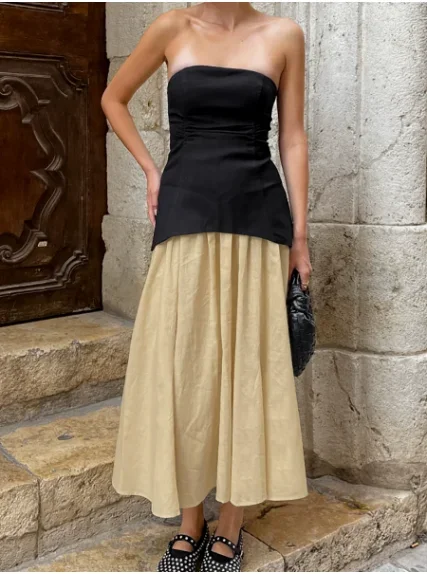 

CPSYMYM Two Piece Set Women Outfit Solid Color Sleeveless Cotton Linen Bandeau Slim Top Casual Mid Waist Pleated Skirt Set