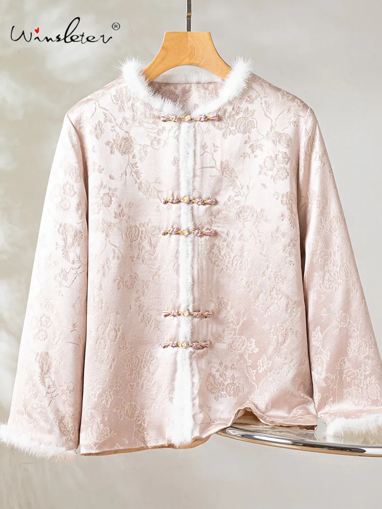 

Winsleter-30%Silk 70%Wool Elegant Coat, Mink Fur Patchwork, Women Jacquard Retro Temperament Loose Coat, 2025 Winter C5D537CC