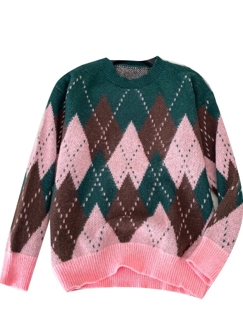 Foamlina European Diamond Round Neck Long Sleeve Knit Sweater Women Autumn Loose Flattering Street Style Relaxed Lazy Sweet Top