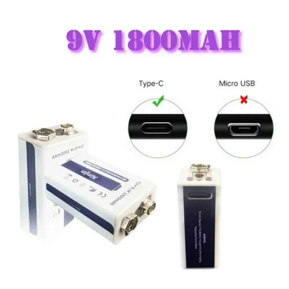 Batteria 9V batteria ricaricabile agli ioni di litio da 1800mAh batteria di tipo C per telecomando giocattolo microfono multimetro