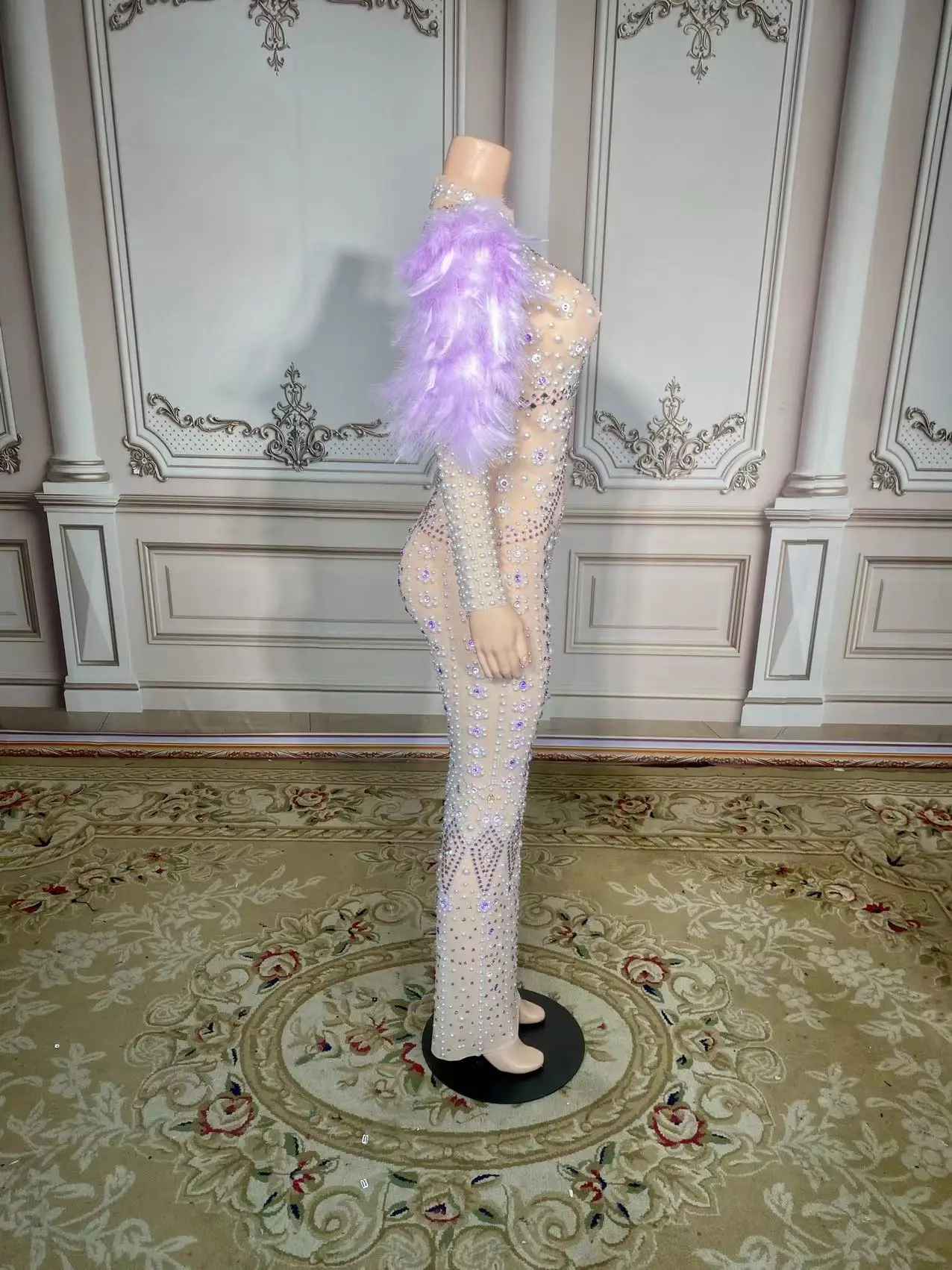 ZD-فستان بأكمام ريشة للنساء ، لؤلؤ ، أحجار الراين ، راقصة ، مغني ، ملابس حفلات المسرح ، زي الاحتفال ، موضة