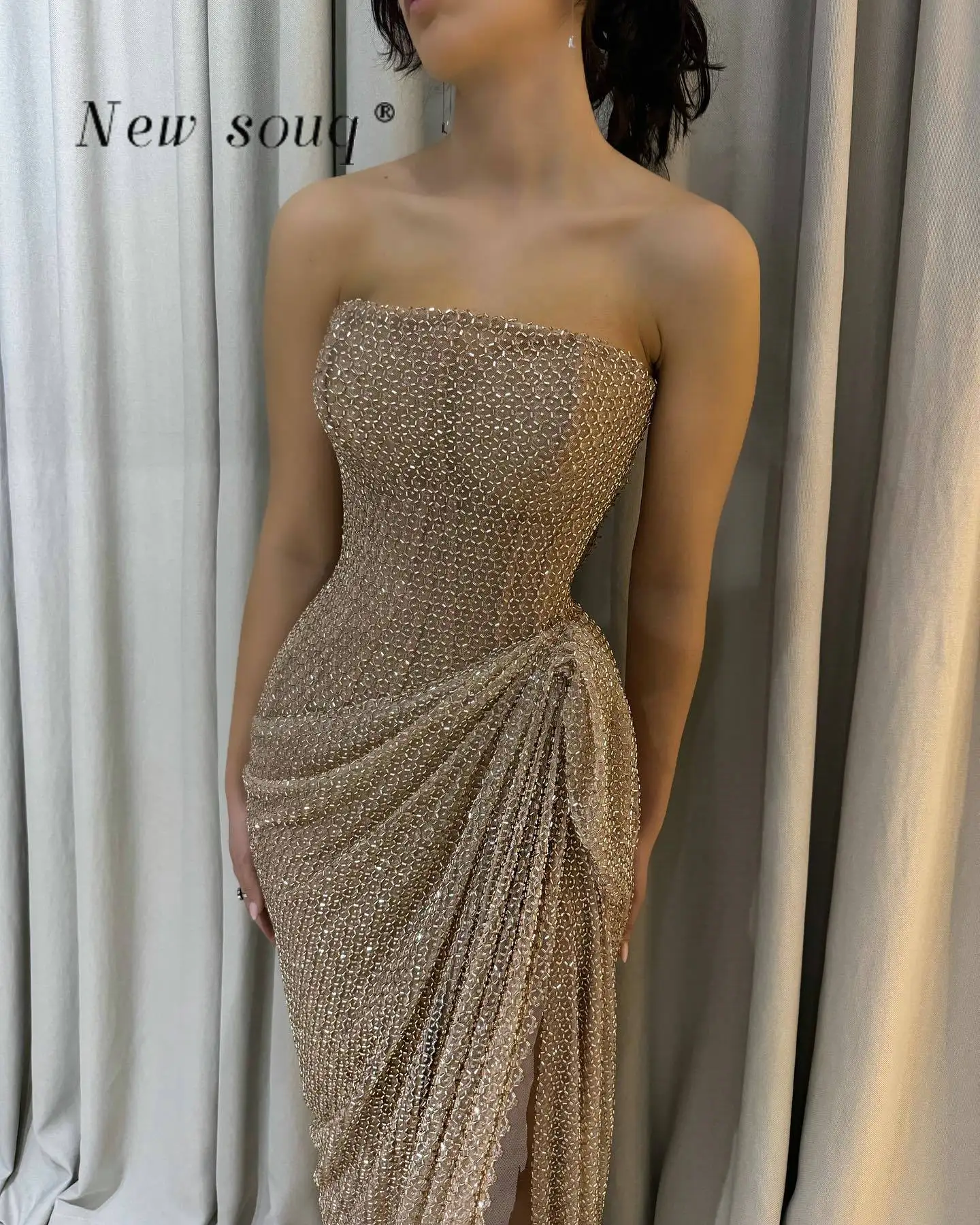 Tan Color Strapless Long Evening Dresses Sexy High Slit Heavy Beaded Prom Night Gowns Wedding Second Reception Party Outfits