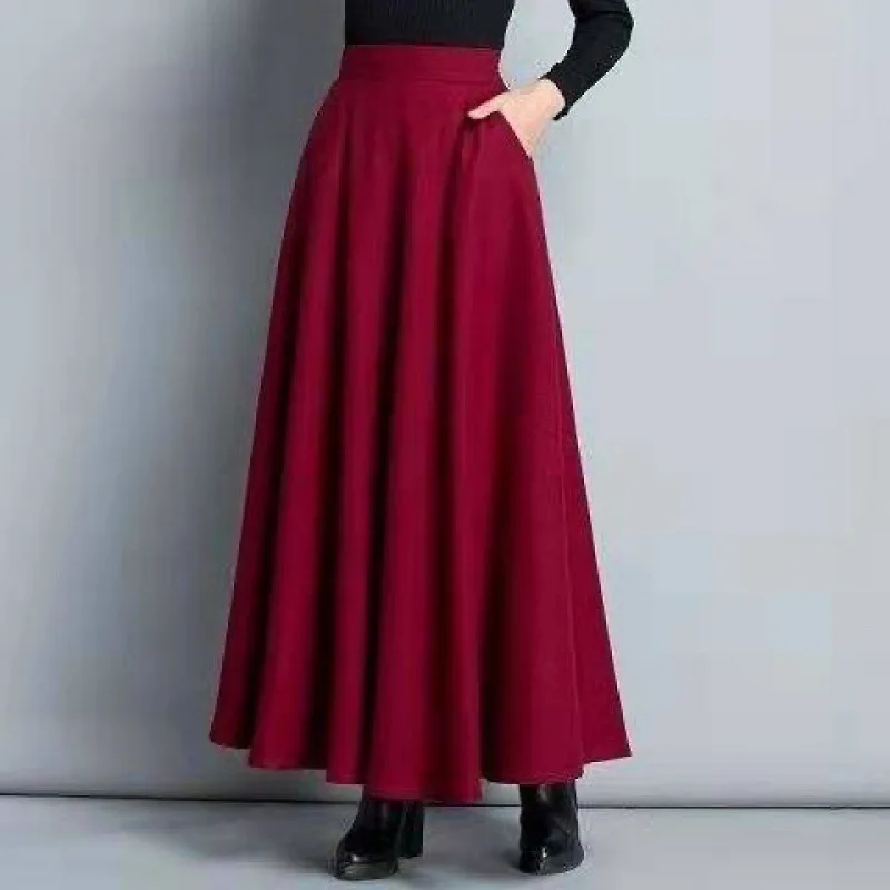 

Зимняя однотонная шерстяная длинная распашная юбка макси с боковыми карманами