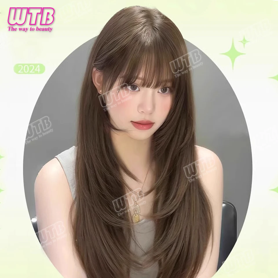 WTB WIGS Synthetic Wig with Bangs Long Brown Wigs for Women,Layered Heat Resistant Synthetic Wigs for Daily Use