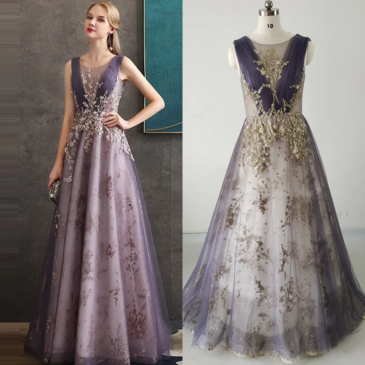 

Evening Dress Purple Tulle Bling Appliques O-Neck Floor-Length Sleeveless A-Line Plus size Women Party Formal Gown Customization