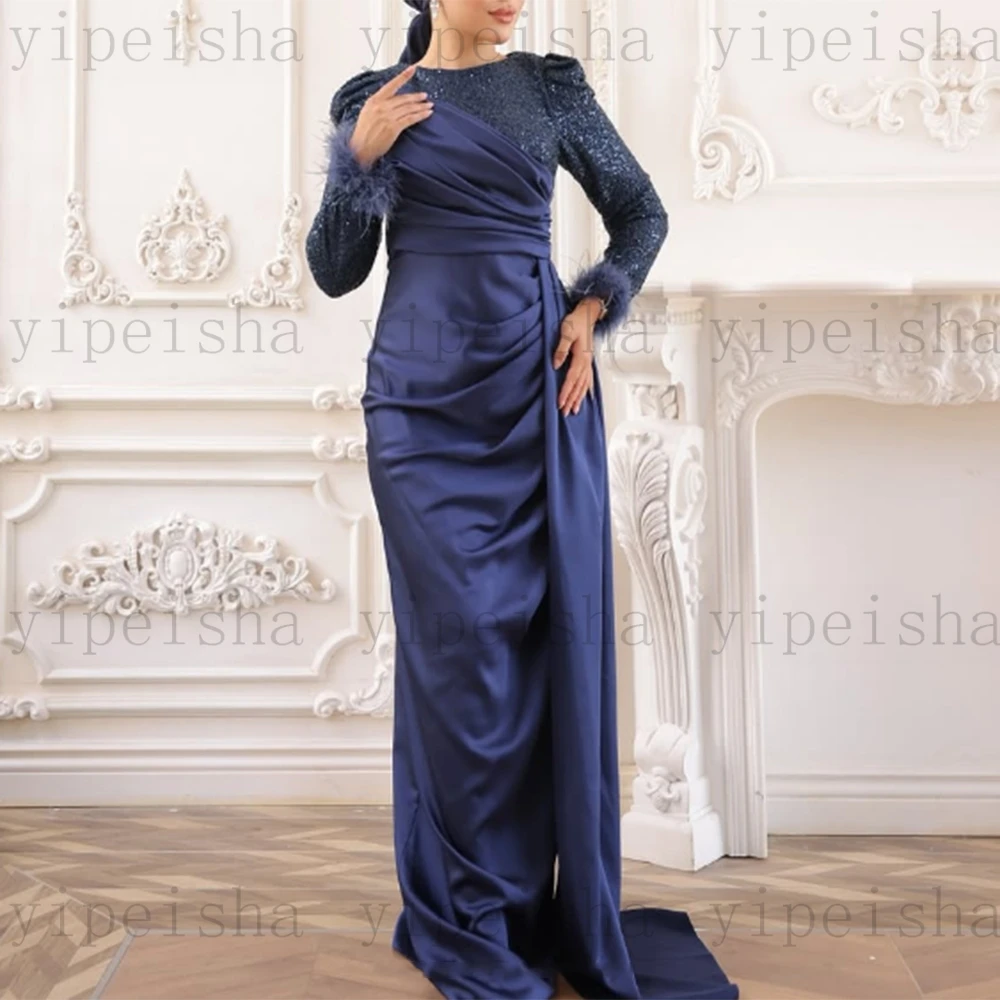 Вечерние платья в Саудовской Аравии с круглым вырезом по индивидуальному заказу, прямое платье для выпускного вечера с длинными рукавами и блестками, длинное атласное драпированное мусульманское вечернее платье